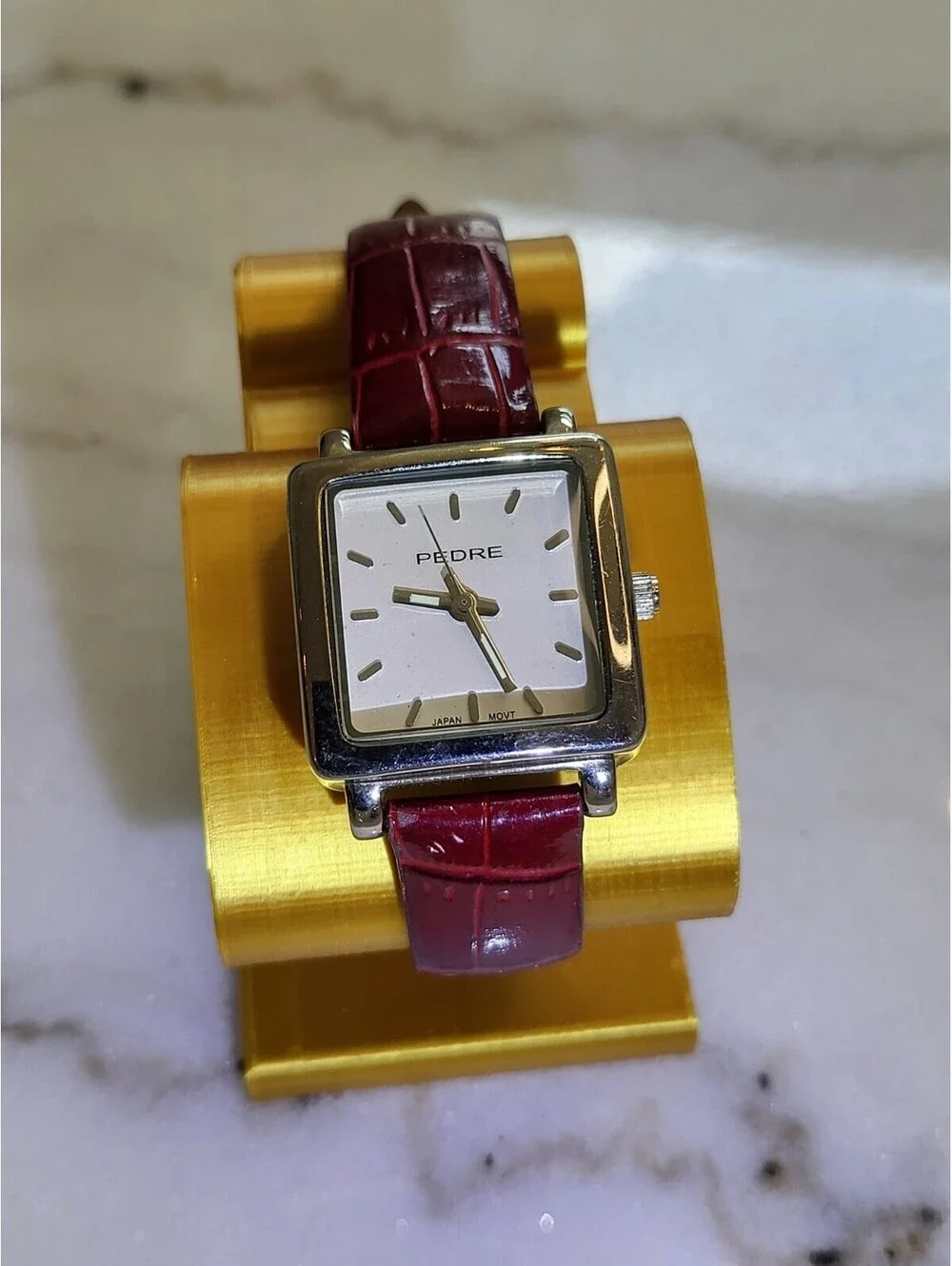 Vtg Pedre Womans Watch New Batt. Silvertone W Burgundy Bracelet 6.5